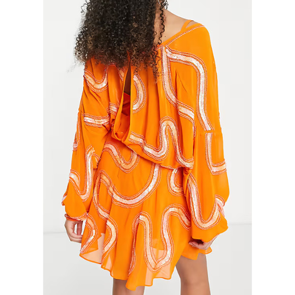 ASOS DESIGN Rouleaux Loop Tie Waist Mini Dress with Swirl Embellishment Size 0 - Picture 12 of 12